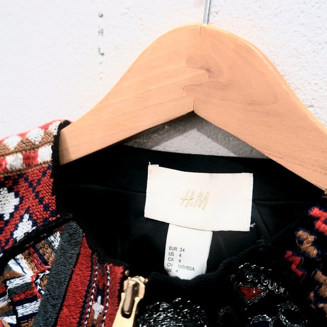 レディース ユーロ34 H M 総刺繍 ノーカラー ジャケット 民族 古着屋 Sputonic