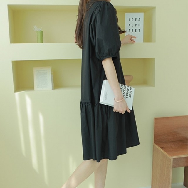 ワンピース 夏 膝丈 シャーリングフリル バルーンスリーブ 無地 シンプル 体型カバー 春 夏 半袖 おしゃれ 大人可愛い カジュアル 新作 大人 上品 エレガント きれいめ シック ナチュラル Leaflower 001 リーフラワー レディースファッション専門店