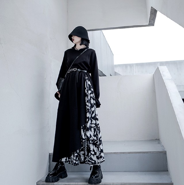 レイヤード風 ワンピース 長袖 マキシ ロング アシンメトリー ゆったり 体型カバー 着痩せ ニット ブラック ドレス パーティー 通勤 レディース Mitchie Mary