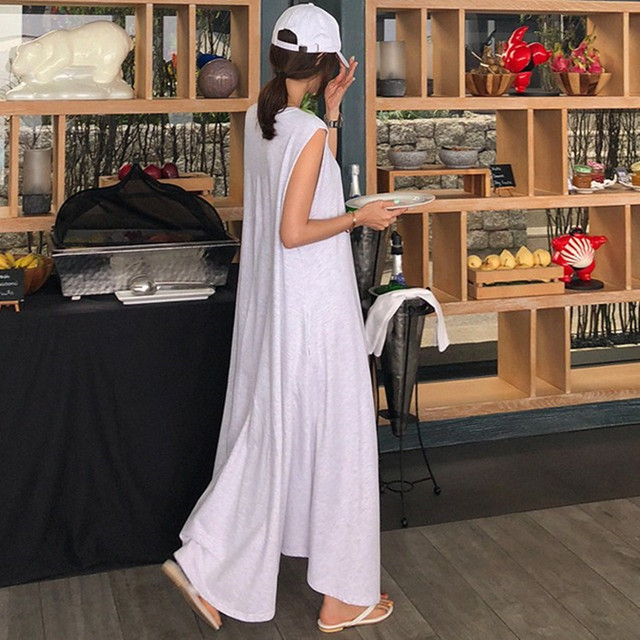 送料無料 ノースリーブ マキシ ワンピース Aライン コットン ライトグレー Tyk Mapoche マポッシュ Base店