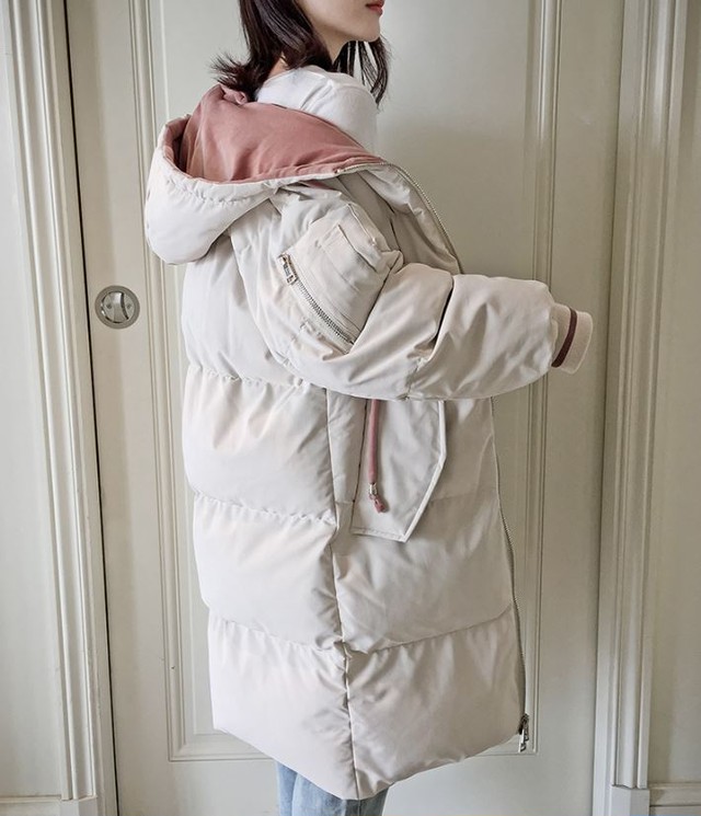 大きめ ダウンコート フード付きジャケット ロングベンチコート 長袖 無地 シンプル あったか 防寒 お出かけ 女子会 デート シンプル カジュアル 大人可愛い オルチャン 韓国 Uki Uki