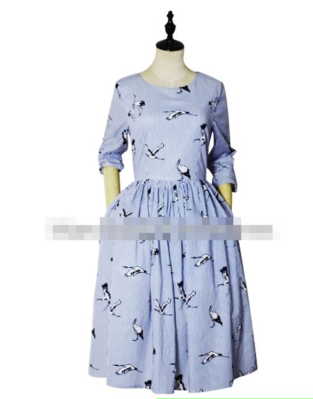 ワンピース ミモレ丈 鶴柄 ラウンドネック フレア 7分袖 Aライン カジュアル きれいめ 大人可愛い 上品 アニマル柄 ストライプ柄レトロ 春 夏 Like Fashion