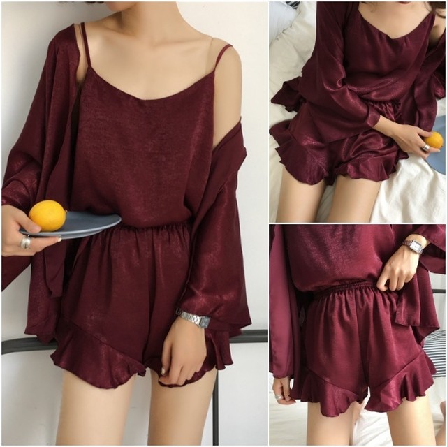 送料無料 5色 カーディガン付き ルームウェア 上下セット リラックスウェア パジャマ ホームウェア セットアップ ３セット 3set セットアイテム ガウンカーディガン ガウンカーデ トッパーカーディガン 羽織り 長袖 ゆったり キャミソール キャミ トップス ノースリーブ