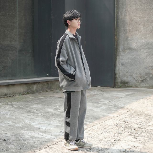 予約販売 メンズ セットアップ 上下 バイカラーライン ブラック グレー ネイビー 長袖 ジャージ ジム スポーツウエア カジュアル 秋冬 大きいサイズ M L Xl Favoriteselect