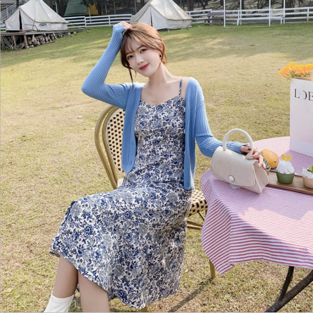 Set 女子力アップ2点セット着痩せカーディガン 花柄キャミワンピース Nanastyle