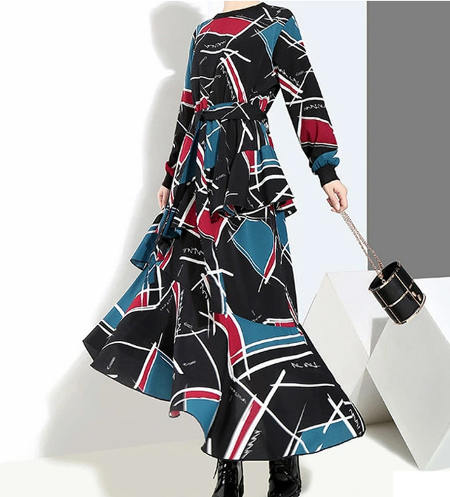 Top Mode ワンピース ウエストリボンワンピース 秋冬 レディース アシンメトリーワンピ フレア フリル ロングワンピース プリントワンピース きれいめ ニッチ ハイストリート ゆったり ブラック 黒 オーバーサイズ 個性的 代 30代 きれいめ モダン 春夏 着痩せ効果