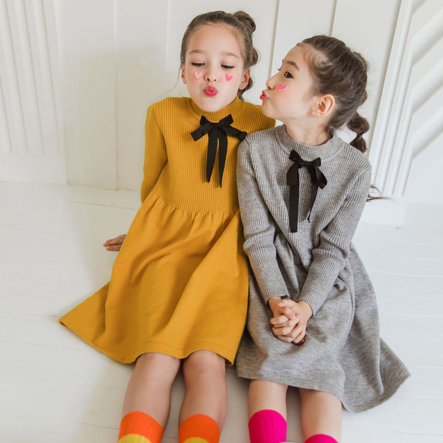 韓国子供服 秋 冬 キッズ 女の子 クルーネック ニット セーターワンピース リボン スリム アクリル ニットチュニック 女の子 ガールズトップス プルオーバー 子供服 防寒 保温 韓国レディース キッズファッション Londonbridge ロンドンブリッジ