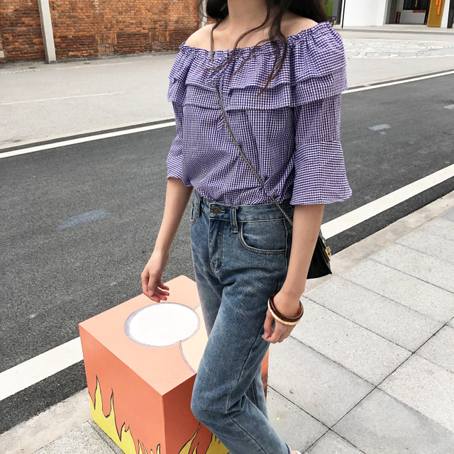 夏の肌魅せ オフショルダー ブラウス トップス ギンガムチェック オフショル 夏 フリル ガーリー 可愛い レディース Ptnym1652 Shop Suba