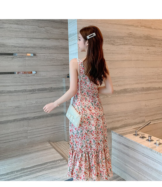 花柄 ロングワンピース レディース スリット キャミワンピース リゾートワンピース ノースリーブ ミモレ丈 ｖネック フレア レトロ ハイウエスト おしゃれ カジュアル フェミニン きれいめ 甘め お呼ばれ デート 旅行 春 夏 Evergreen