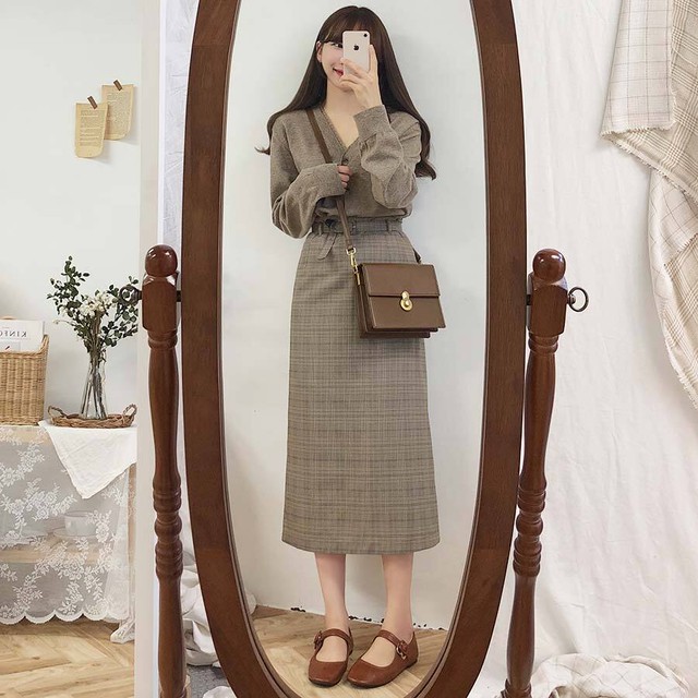 〈カフェシリーズ〉グレンチェックハイウエストスカート 【glen check high waist skirt】