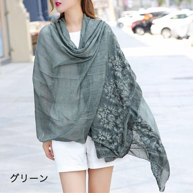 ストール 大判 ロング ショール 夏 春 無地 レース 刺繍 薄手 レディース マフラー 大きい やわらかい Uvカット 秋 綿 コットン 12 A B