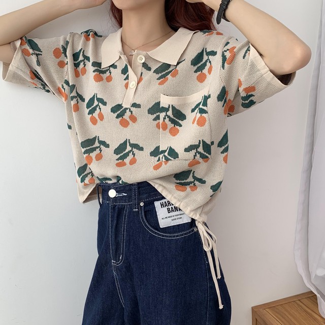 可愛い オシャレ 夏 Poloネック 半袖 タイト 合わせやすい ニット 韓国ファッション Tシャツ トップス 75shops