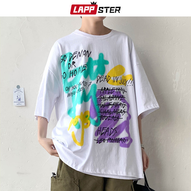 Lappster男性kpop特大tシャツ夏メンズストリートヒップホップグラフィックtシャツ男性綿黒服tシャツ ブラック コットン サマー 夏物 Lappster公式ストア Efect