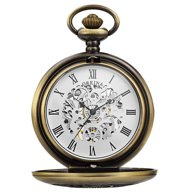 新しいカジュアルファッション機械式懐中時計フリップ時計ネックレスレトロスケルトンヴィンテージポケットフォブ時計チェーンドロップシッピング Brown White Braverybase