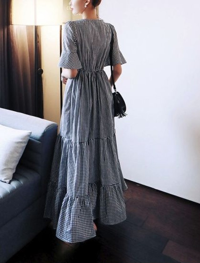 大きいサイズ ワンピース 大きいサイズ ロングワンピース ロングワンピ 韓国 ファッション レディース ワンピース 夏 カジュアル ワンピース ギンガムチェック ハイウエスト Vネック Jm7001 ワンピの里