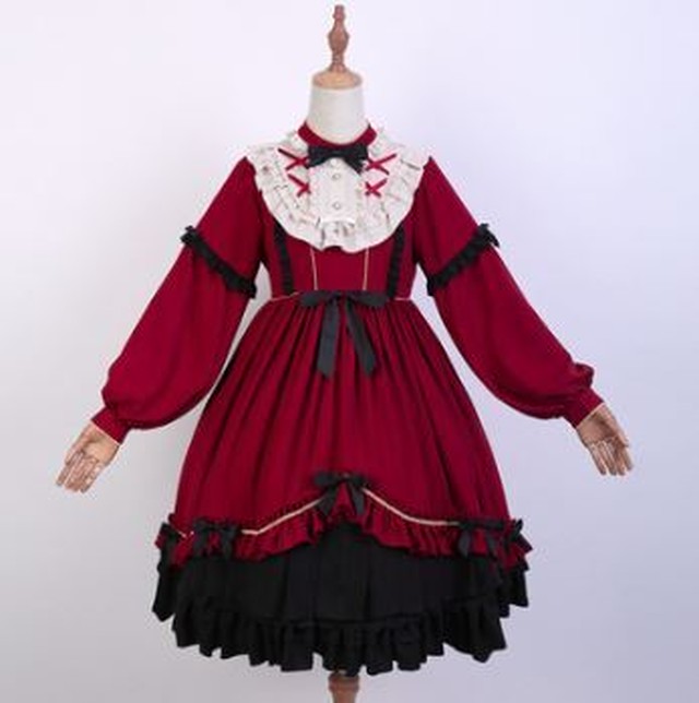 ロリータ ワンピース ロリータドレス ロリータファッション ゴスロリファッション ゴスロリ 甘ロリ 姫ロリ クラシカルロリータ クラロリ リボン フリル たっぷりフリル ワンピース 3色 無地 レトロ 古風 膝丈 ひざ丈 ミディアム 長袖 パフスリーブ ちょうちん袖 立ち襟
