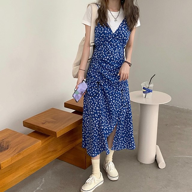ロングワンピース ワンピ 韓国 コーデ きれいめ 40代 30代 ロング丈 ストラップ 花柄 Vネック およばれ リゾート カジュアル ウエストマーク 通勤 春夏 ブルー 夏 Dress No Sato