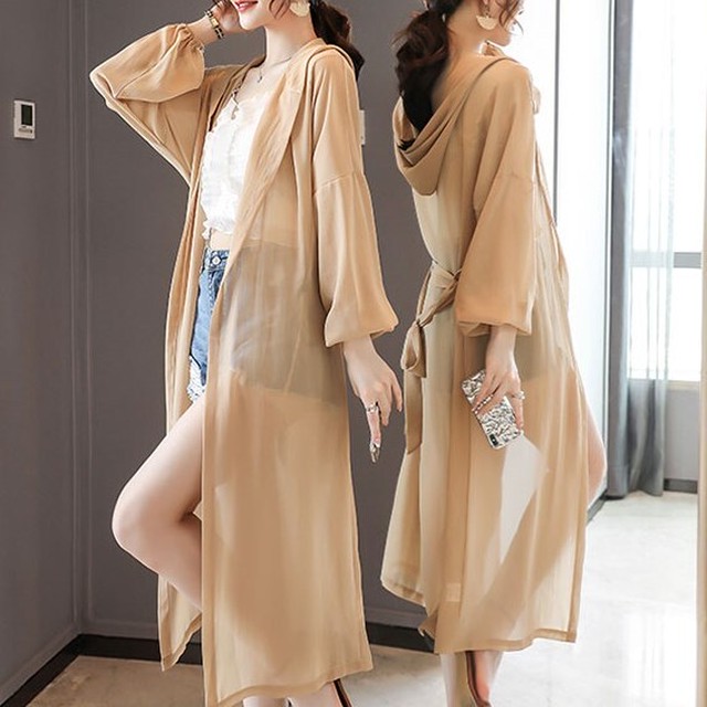 ロングカーディガン サマーカーディガン トップス アウター 長袖 ボリューム袖 無地 ロング丈 カジュアル フード付き 可愛い おしゃれ 春 夏 秋 オルチャン 大人 代 30代 40代 デート お出かけ 女子会 旅行 レディース 韓国 韓国ファッション Country Road