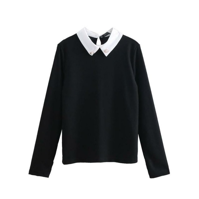 人気 トップス コントラストカラー バイカラー襟付き ニットシャツ 襟シャツ ラウンドネック シンプル ブラック スリム 長袖 コットン おすすめ 大人 可愛い ゆったり 旅行 お出かけ 緩い 映え Kirihara