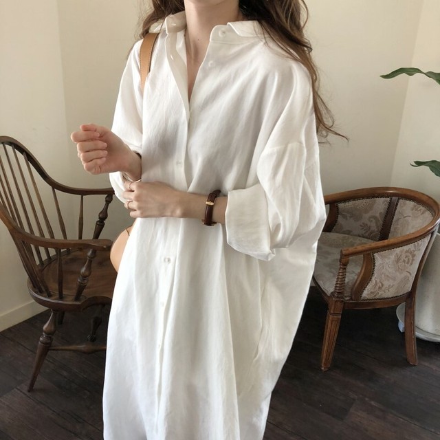 白 水色 シャツワンピース ロングワンピース Mu0mu