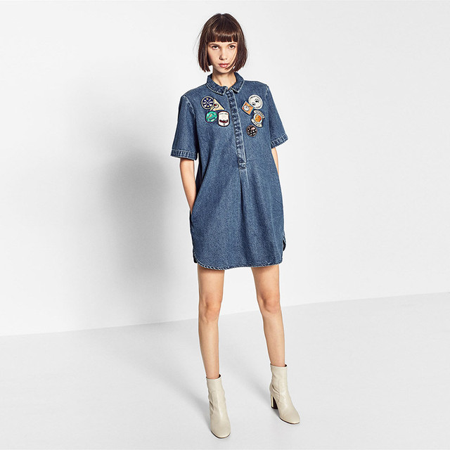 ワッペン付き デニムワンピース ショート 半袖 襟付き シャツワンピース 無地 ワンピース 春夏秋 ｆｋｏｍ5005 Alice Mode アリスモード