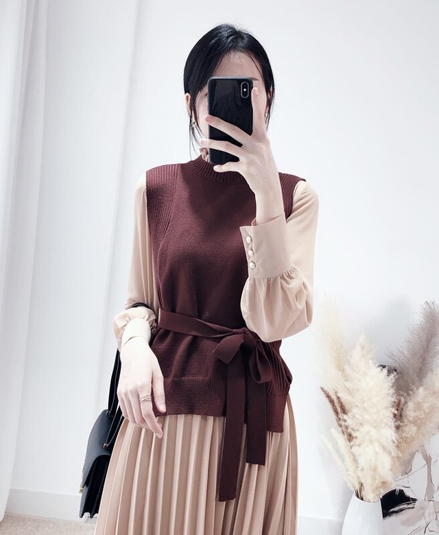 セットアップ ワンピース ニットベスト プリーツドレス ハイネック フリル ノースリーブ 秋 冬 大人きれい 上品 休日コーデ 韓国 オルチャン Like Fashion