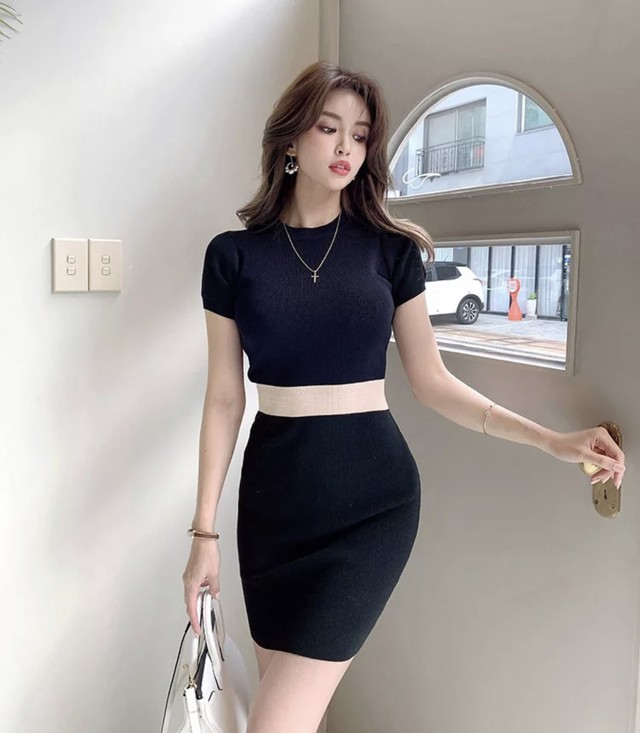 割引クーポン バイカラータイトワンピース ミニワンピース