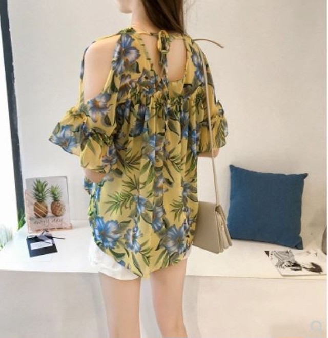レディース シャツ 半袖 チュニック シフォン 花柄 オフショルダー 肩だし Mサイズ トップス Aith Wyse