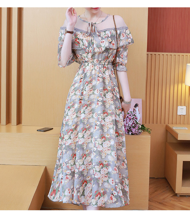 Ef8106 デコルテ透け 胸元フリルの花柄ワンピース レディース 春夏 ミモレ丈 シースルー切替 エレガント S 3l 福福 蜜柑現品特価フロア