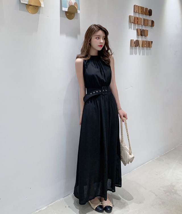 ワンピース レディース シフォン 透け感 結婚式 二次会 お呼ばれ ロングワンピース ウエストベルト ボトルネック ノースリーブ Toptop