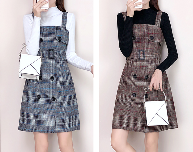 セットアップ チェックワンピース グレンチェック ジャンパースカート ひざ上丈 ダブルボタン デート 秋冬 ブラウン グレー Prism One プリズム ワン