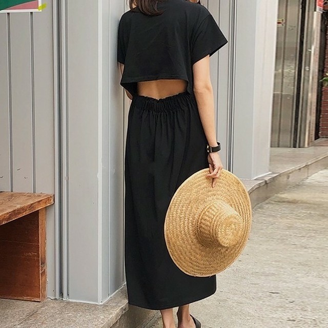 ワンピース ミモレ 黒 ブラック 背中あき セクシー 無地 半袖 コットン 綿 バックデザイン 大人可愛い 春夏秋 Choco Chaco