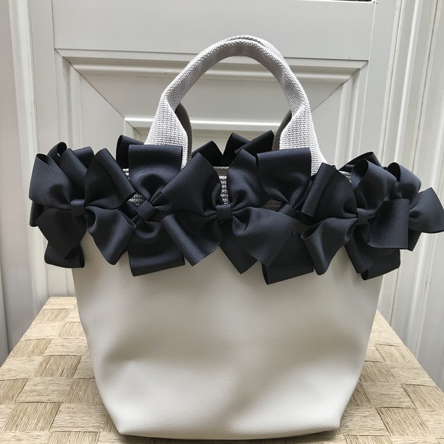 リボントートバッグ グレージュ 両面リボン付き Rubanbleu リュバンブルー