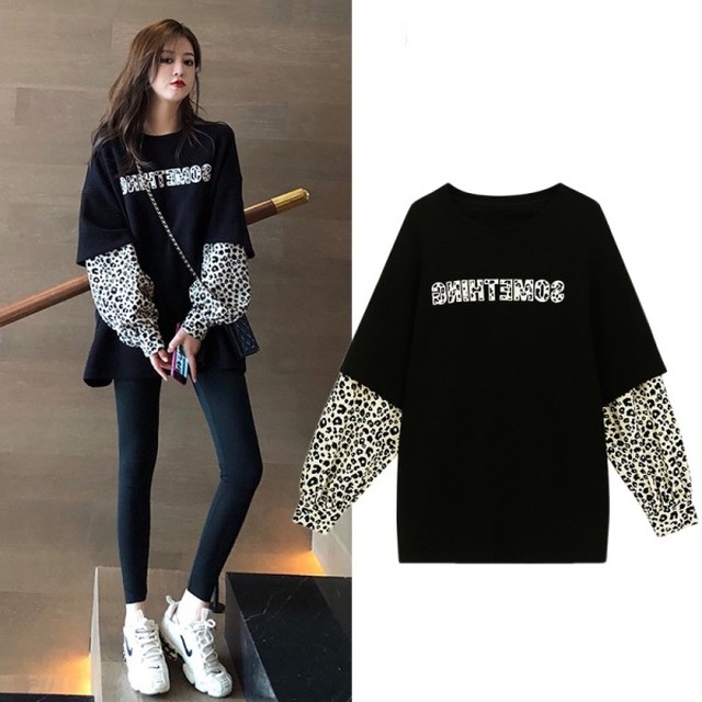 レイヤードｔシャツ スウェット ロンt レオパード 重ね着 春 トップス レディース 韓国 ファッション 春服 レディース ビッグシルエット オーバーサイズ ゆったり ヒョウ柄 ロングｔシャツ ボリューム袖 長袖 春 トップス Vestito