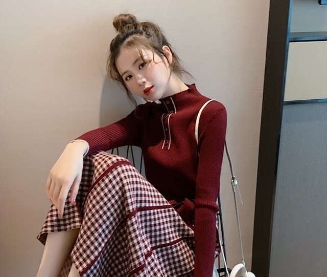 全2色 ニットワンピース 切り替えワンピース ニットドレス ブラック レッド 秋 冬 ウエストリボン ハイネック 格子 上品 エレガント デート お呼ばれ 韓国 オルチャン Like Fashion