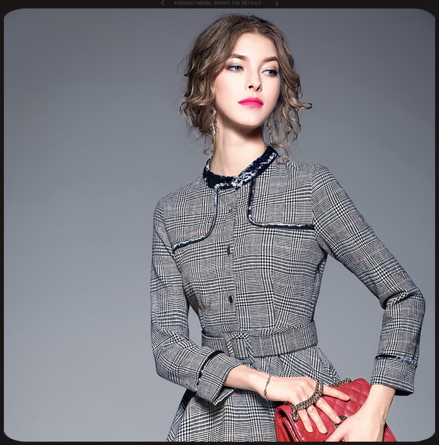 膝丈 パーティードレス フォーマル ハイネック ハイウエスト ベルト ワンピース グレー 長袖 グレンチェック 代 30代 Aライン ベロア C034 Hollys Design