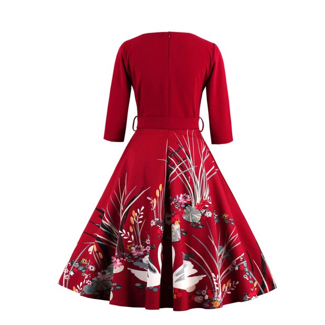 レディース ワンピース ひざ下丈 ミモレ丈 Vネック 七部袖 鶴柄 Aライン 大きいサイズ セクシー エレガント お呼ばれ お出かけ ハイウエスト ウエストマーク レッド ブラック ブルー Officewalaa オフィスワラア レディースファッション スタイル