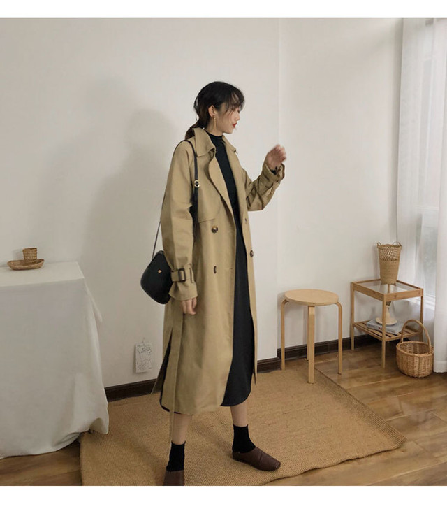 ベーシックなロングトレンチコート レディースアウター ロング丈 オーバーサイズ ウエストマーク きれいめ カジュアル ウッディーベース1号店