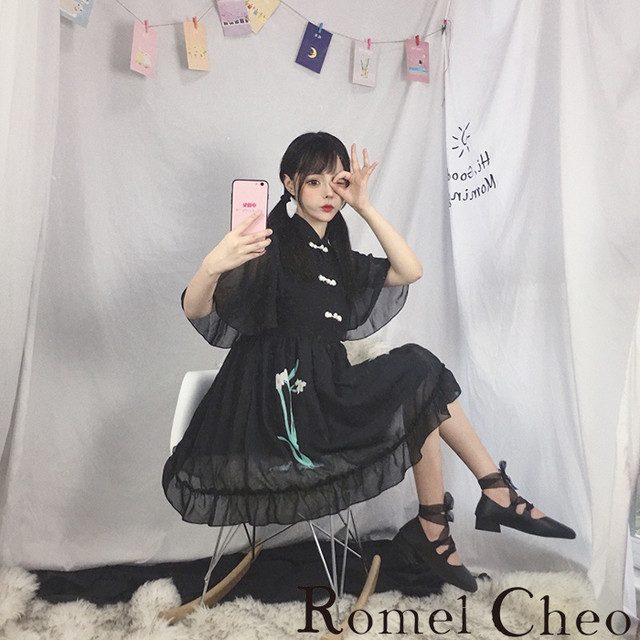 Romelcheo チャイナシースルーワンピ モノクロ チャイナ服 レディース 花柄刺繍 原宿系 かわいい ロリータ 青文字系 アジアン ガーリー フレアーワンピ エスニック フラワープリント 黒 白 モード系 モノトーン ロメルチェオ Romelcheo