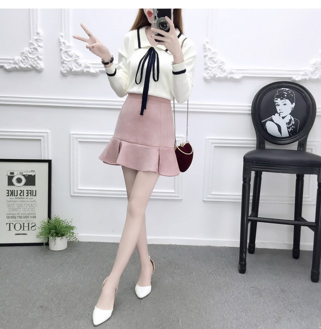 秋冬 ニット セットアップ ベロア ミニスカート 2点セット ガーリー フェミニン トップス セーター デート お出かけ 記念日 冬服 Shop Suba