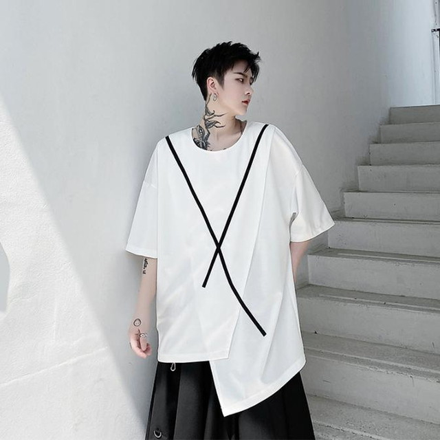 メンズ モード系 トップス 半袖 シャツ ラウンドネック アシンメトリー ロング丈 カジュアル 黒 白 原宿系 オルチャン 10代 代 天使と悪魔 サブカル系ファッション Seasonz