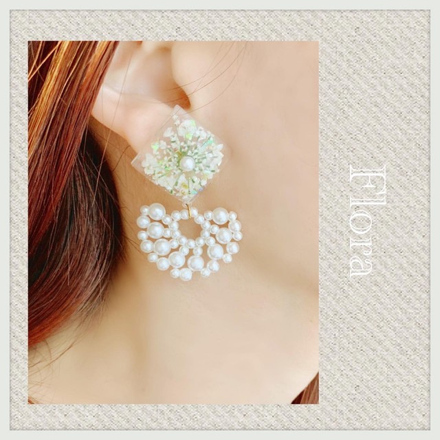 レースの花 ボタニカル パール ピアス イヤリング 樹脂対応 Flora フローラ アクセサリー Base店
