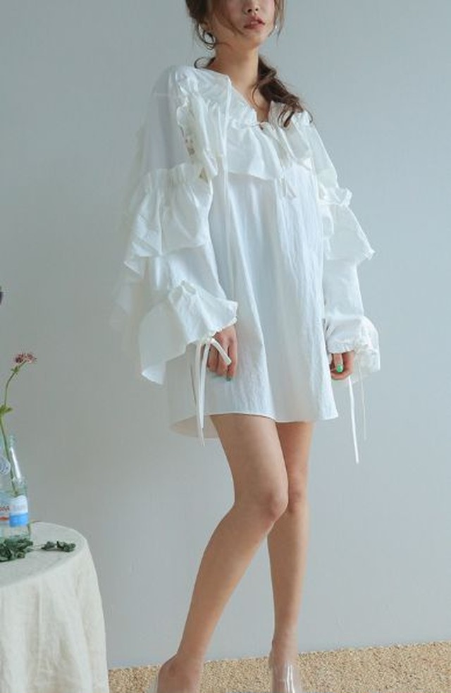 シャツワンピース 長袖 ワンピースドレス ワンピース 春夏 普通サイズ ミニ 膝丈 ドレス フリル ボリューム袖 ミニ丈 Jm3114 Dress No Sato