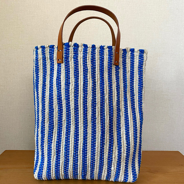 裂き織りバッグ 細ストライプ ブルー アイボリー アトリエ4 3