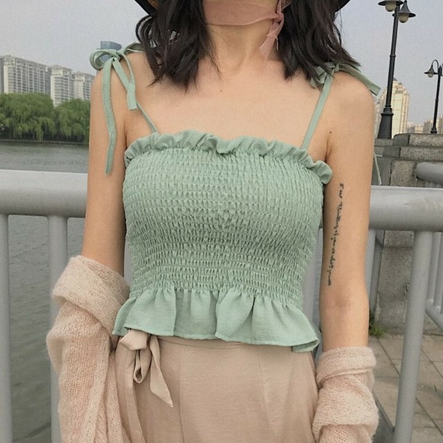 キャミソール チューブトップ フリル ペプラム シャーリング ミントグリーン ナチュラル 春夏 海 ビーチ リゾート Choco Chaco