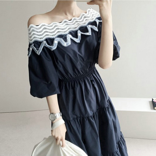 レーシー オフショルダー ステッチ 切替 ティアード ワンピース 白 紺 ベージュ Garage Diva 106