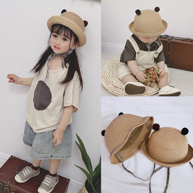 麦わら帽子 耳付き 可愛い おしゃれ 夏 ひも付き カジュアル 男女兼用 子供 キッズ ベビー 赤ちゃん 男の子 女の子 Hay138 Berceau Select Shop ベルソー セレクトショップ キッズ 親子ペアetc