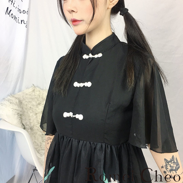 Romelcheo チャイナシースルーワンピ モノクロ チャイナ服 レディース 花柄刺繍 原宿系 かわいい ロリータ 青文字系 アジアン ガーリー フレアーワンピ エスニック フラワープリント 黒 白 モード系 モノトーン ロメルチェオ Romelcheo