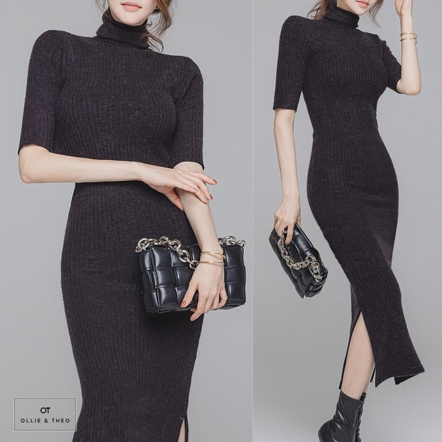 ワンピース レディース シンプル リブニット 半袖 タイト タートルネック サイドスリット カジュアルコーデ 秋 冬 Ollie And Theo