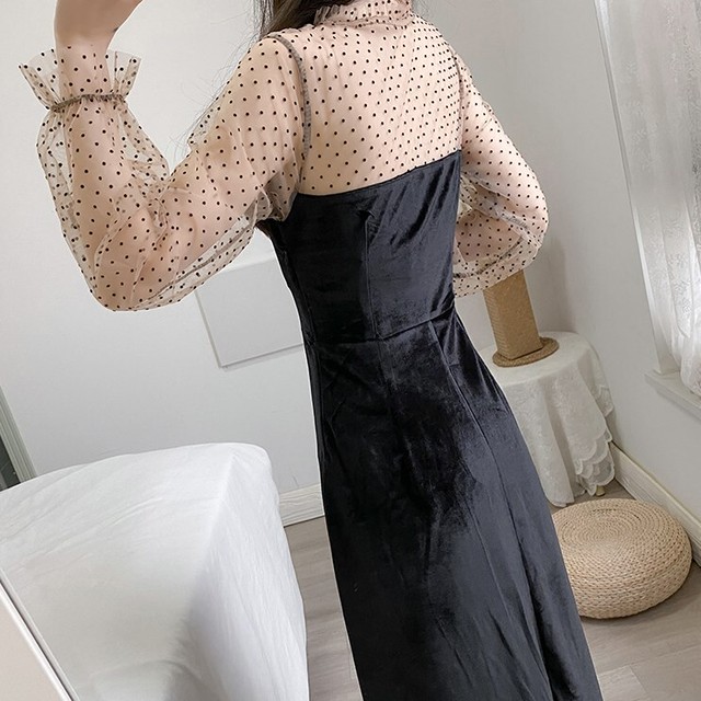 ドット柄 ワンピース シースルー ドレス 長袖 シアーワンピ California Express